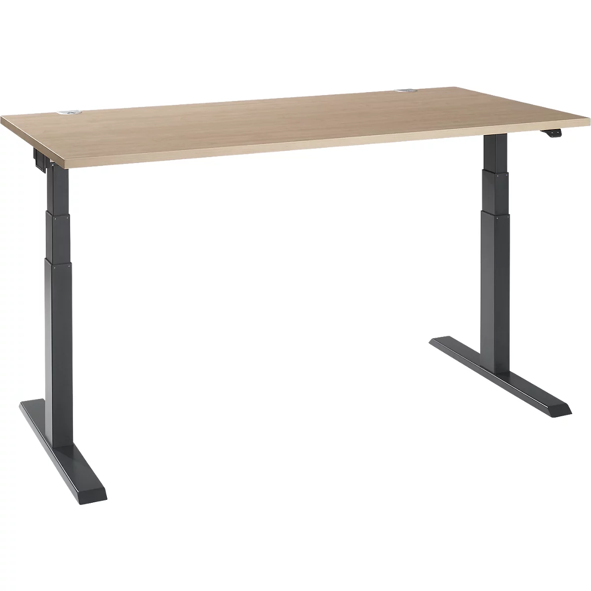 Height adjustable desk, light brown tabletop, dark gray frame, isolated.