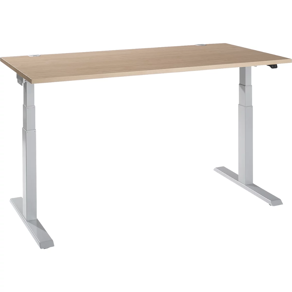 An adjustable height desk. The tabletop is light brown, the legs and frame are silver-gray.