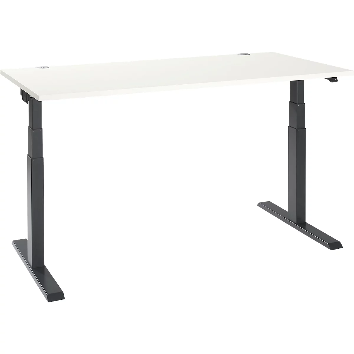 Height-adjustable desk, white tabletop, dark frame, on a white background.