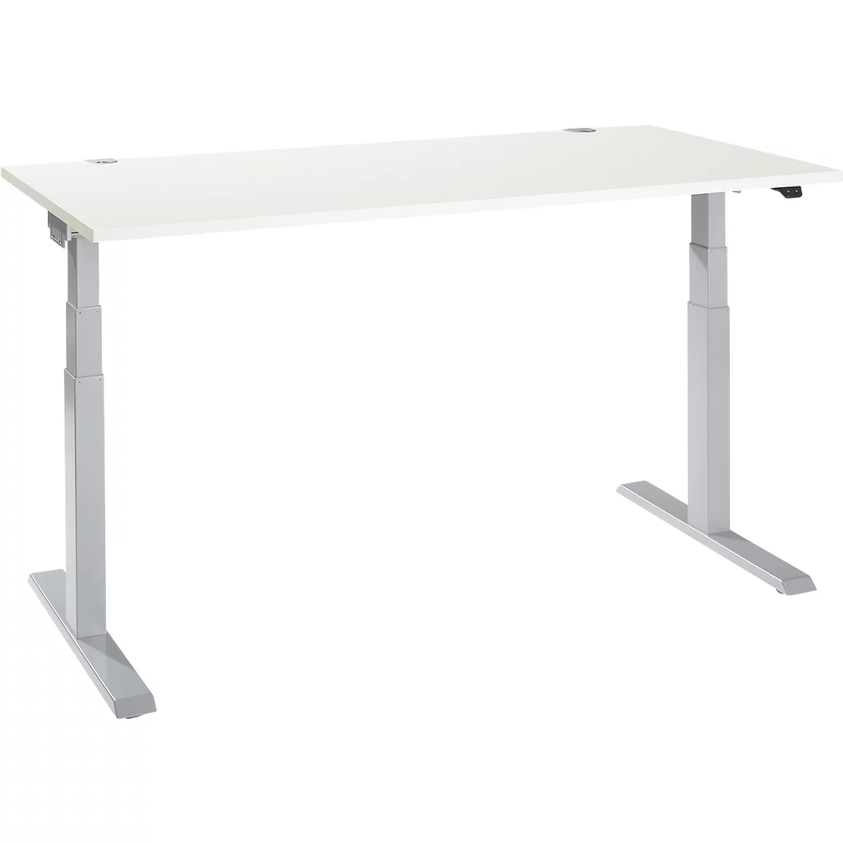 A white, height-adjustable desk. Silver legs, rectangular tabletop.