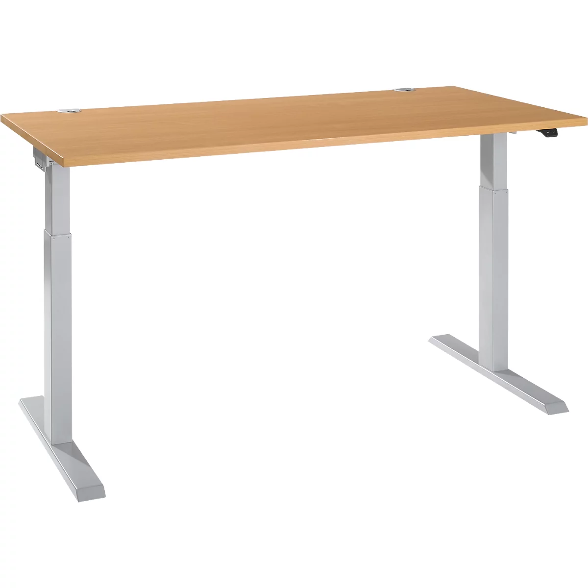 A height-adjustable desk with light wood and silver legs, isolated on a white background.