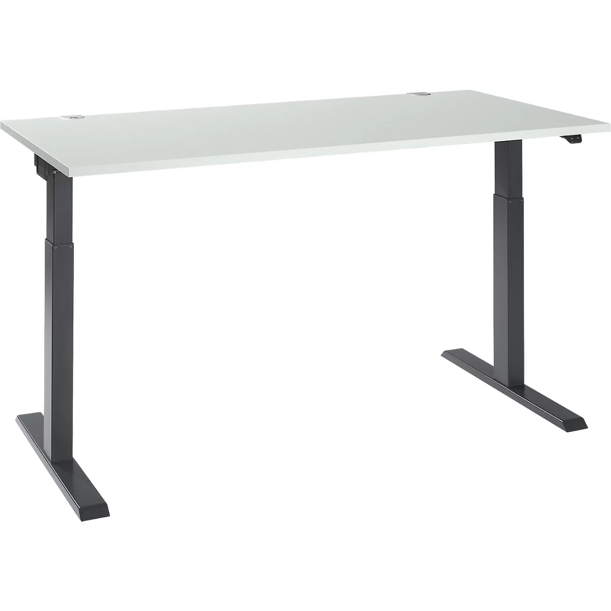 A white, height-adjustable desk with black legs. The tabletop is rectangular and has rounded corners.