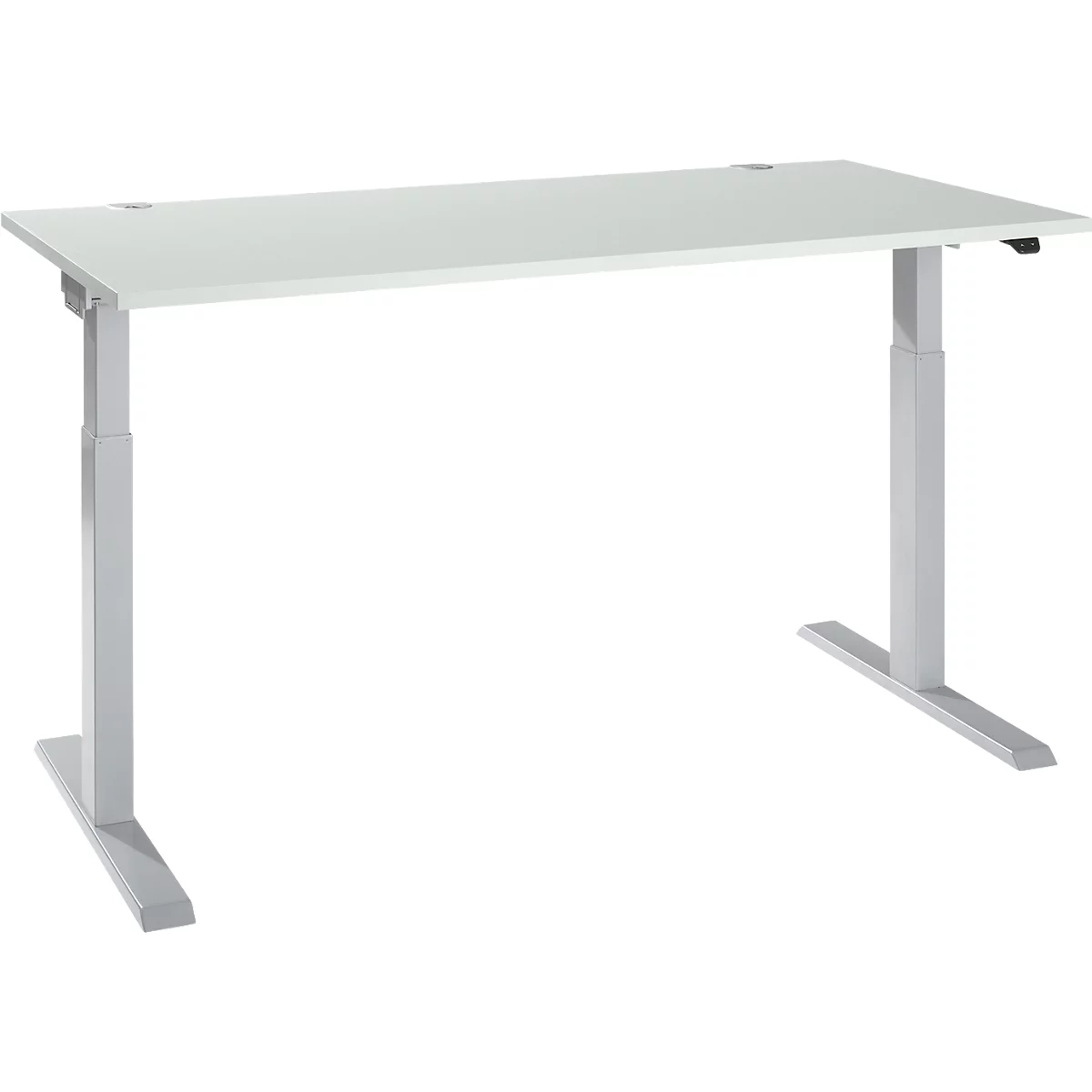 White height-adjustable desk. Tabletop, frame, and feet are light grey.