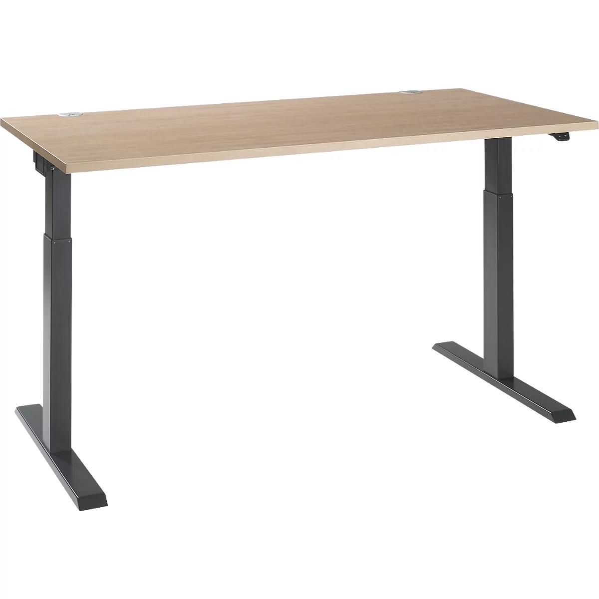 An adjustable-height desk with a light brown tabletop and an anthracite-colored frame. The frame has two legs connected to the tabletop.