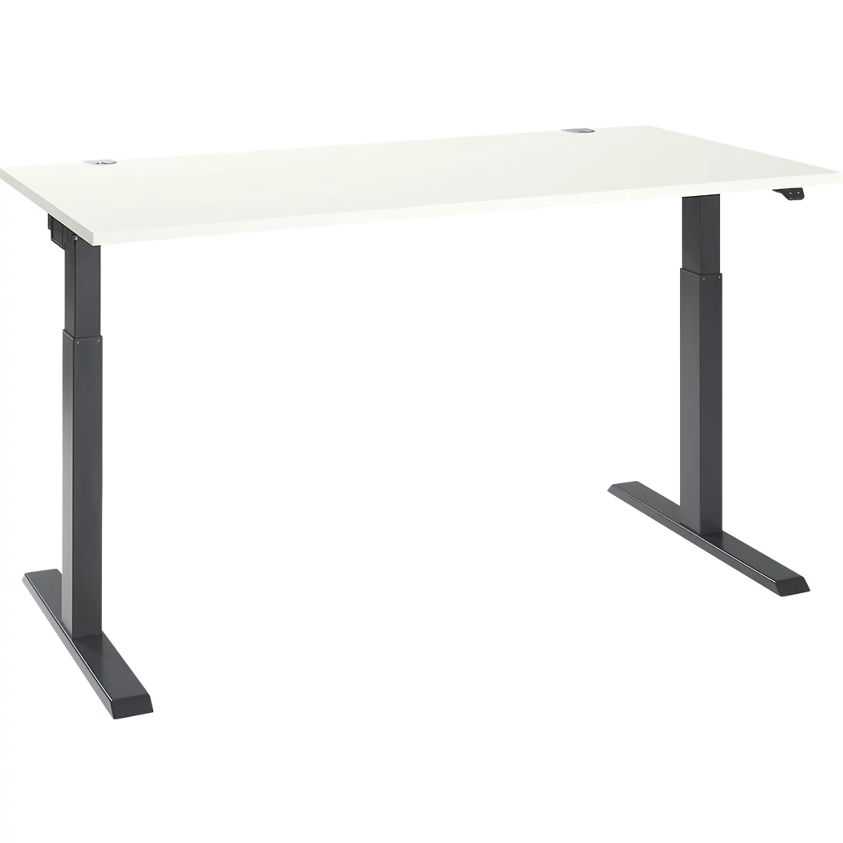A white, rectangular desk with black, adjustable legs stands against a white background.