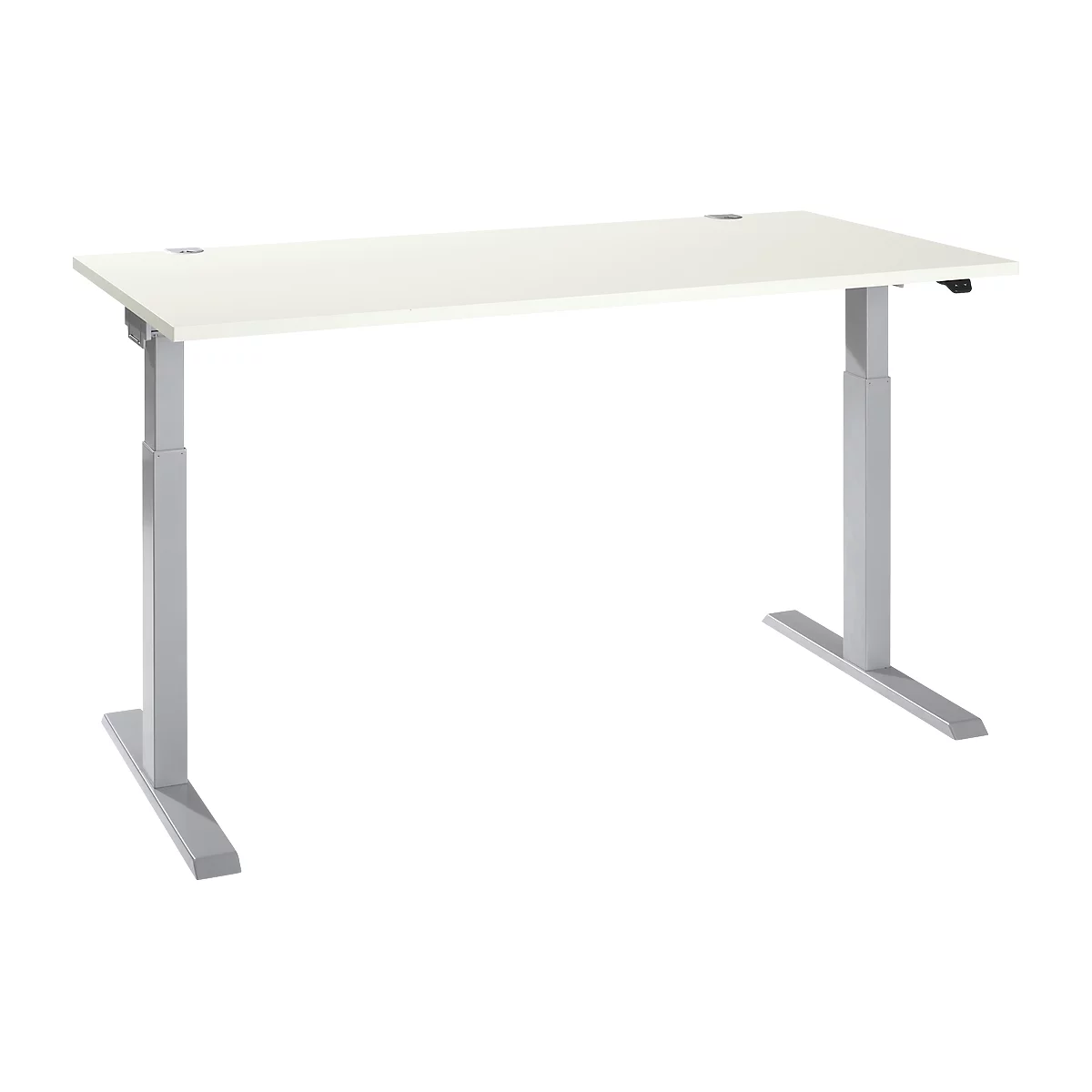 A white height-adjustable desk with gray legs, against a white background.