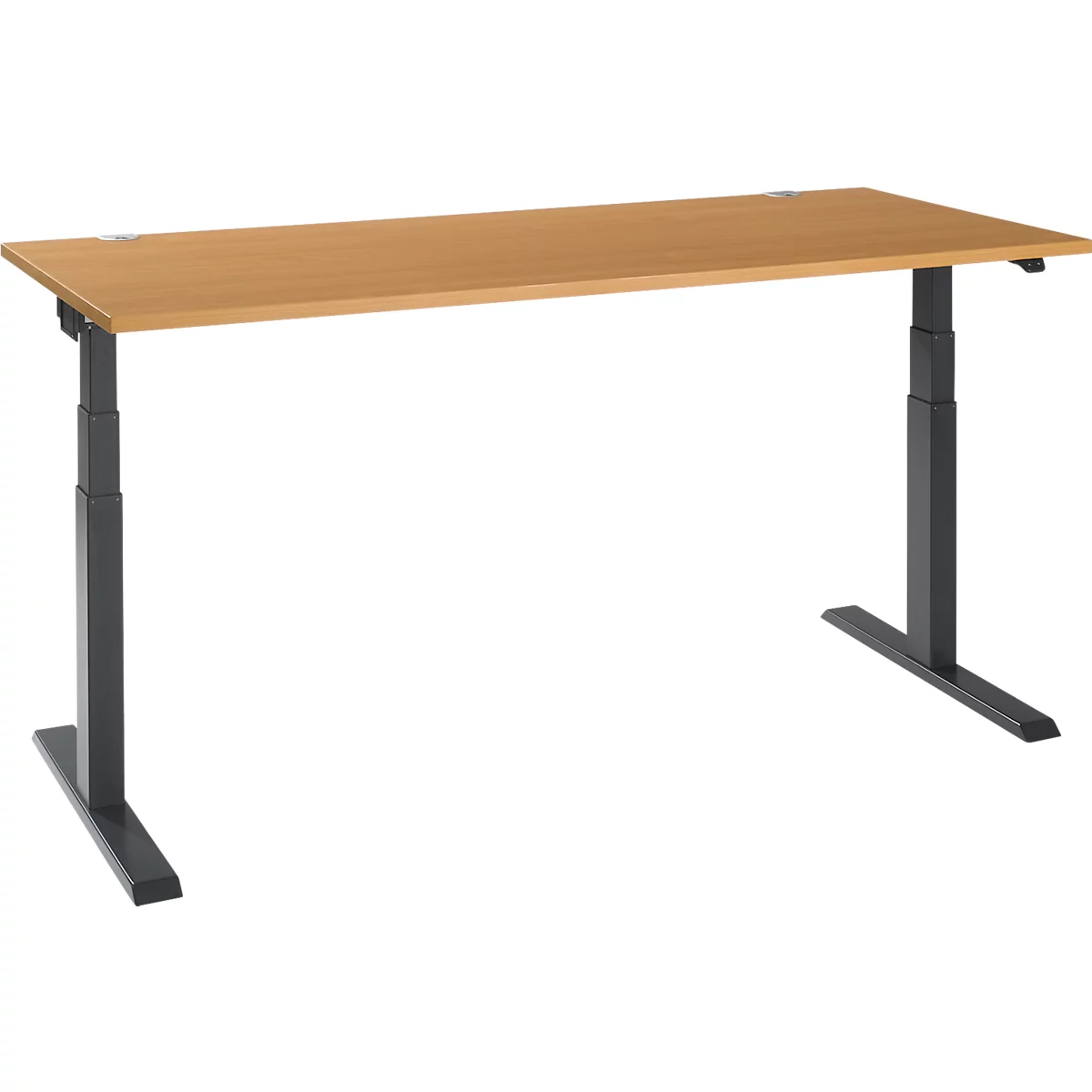 Light-colored desk with wooden top, dark columns and feet. Height adjustable.