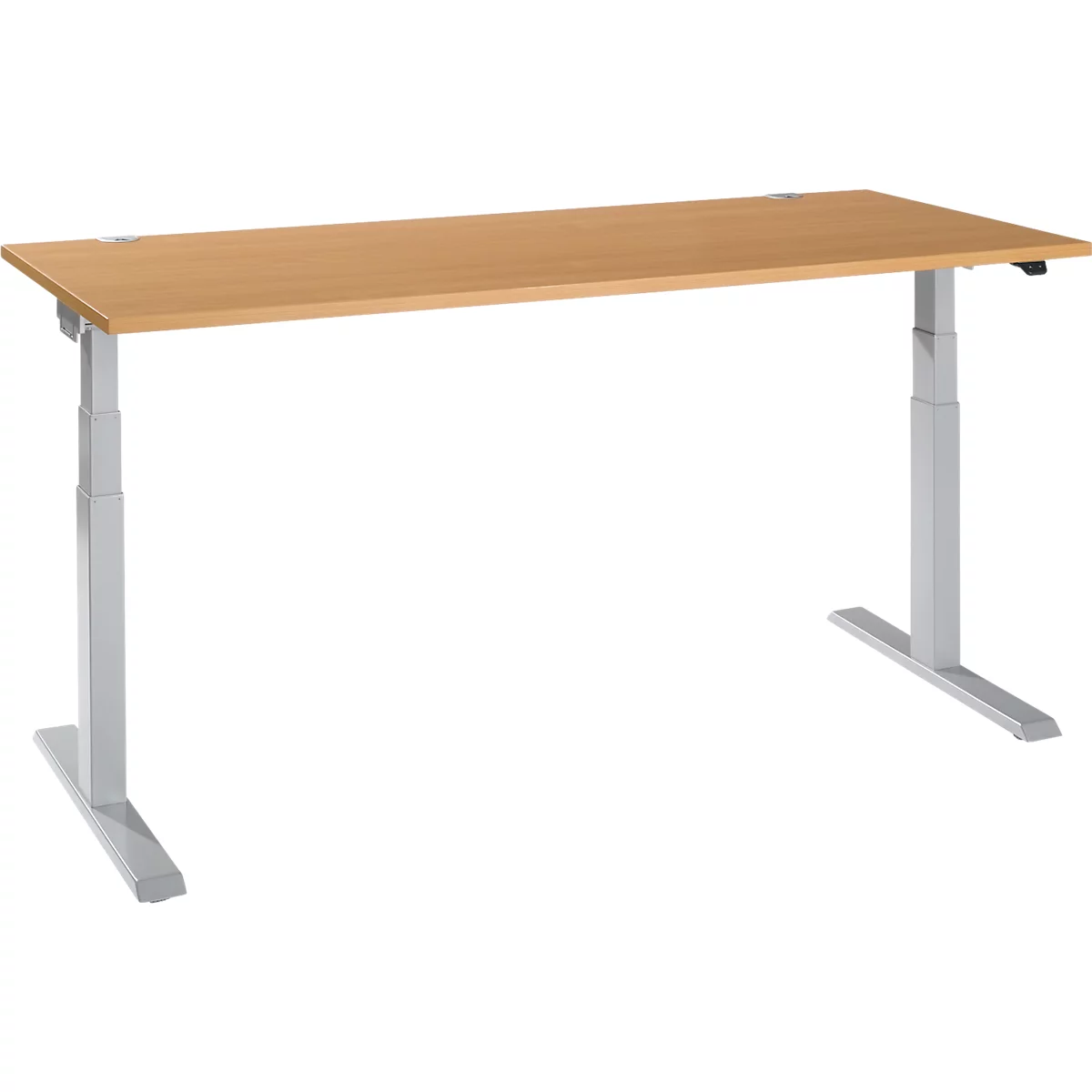 An adjustable, light desk with a light brown table top and silver legs. The desk stands against a white background.