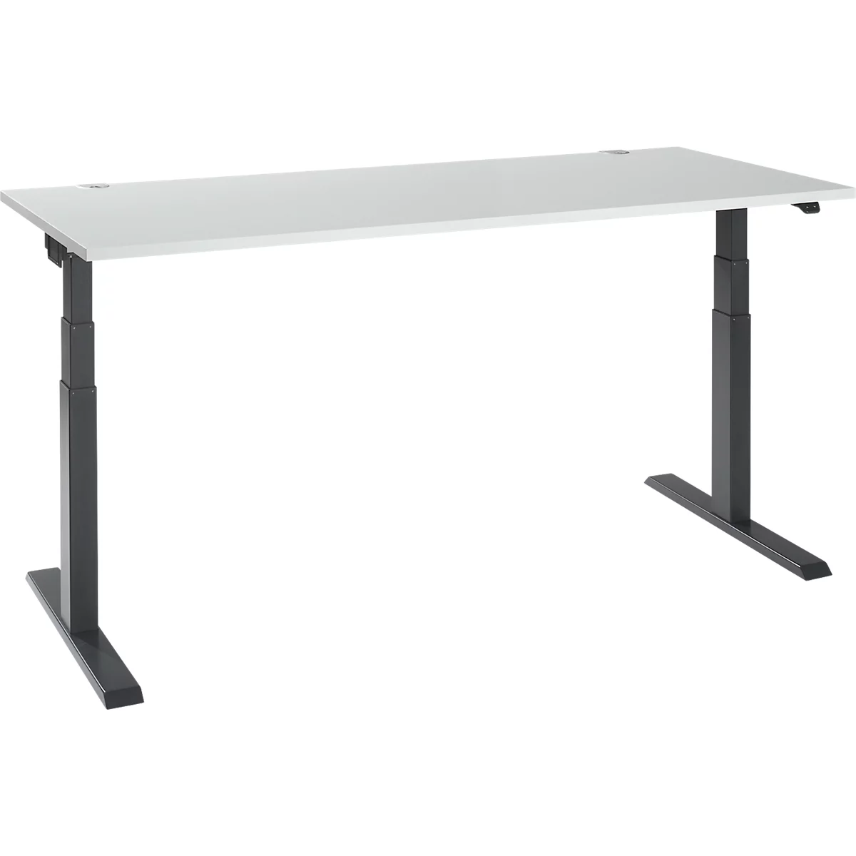 A white, height-adjustable desk with black legs. The desk is shown from the front.