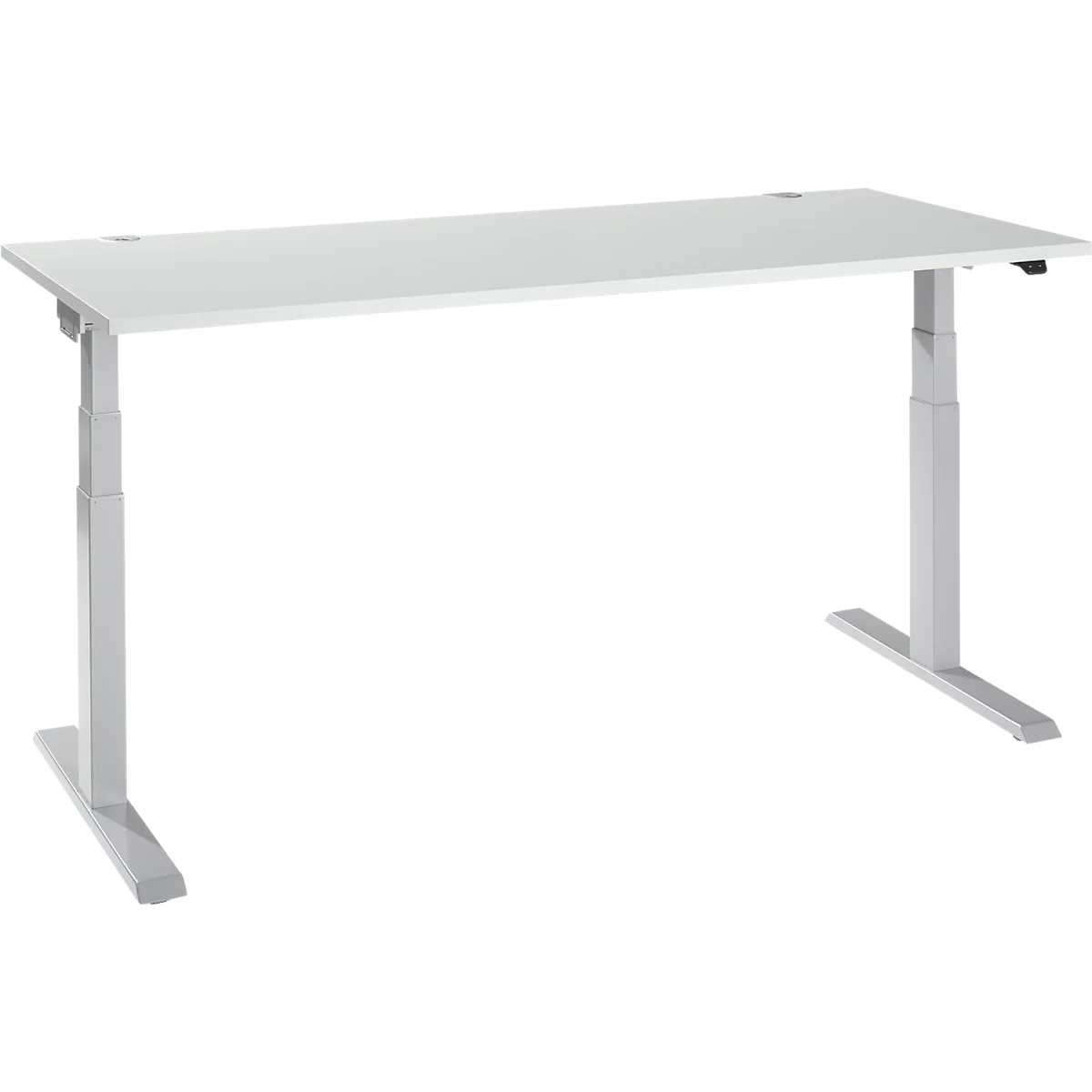 A white height-adjustable desk with gray legs stands against a white background.