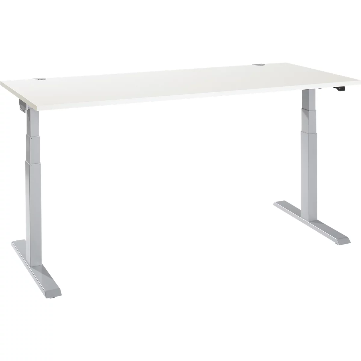 A white, height-adjustable desk with silver legs. The tabletop is rectangular.
