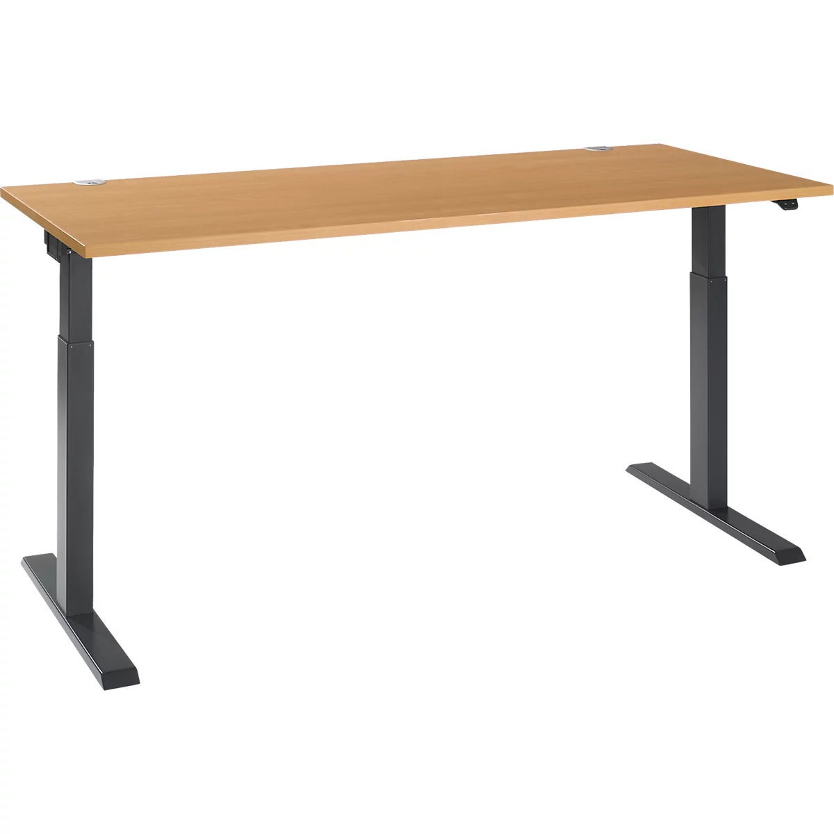 An adjustable height desk, light brown tabletop, black frame, against a white background.