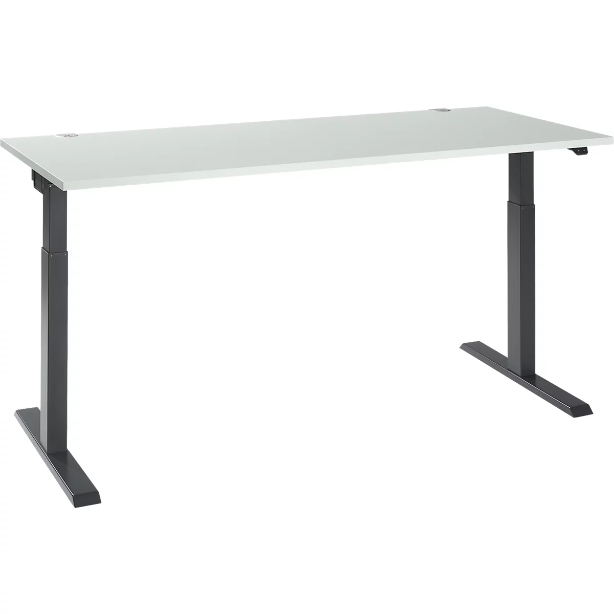 A white height-adjustable desk with gray metal legs on a white background.