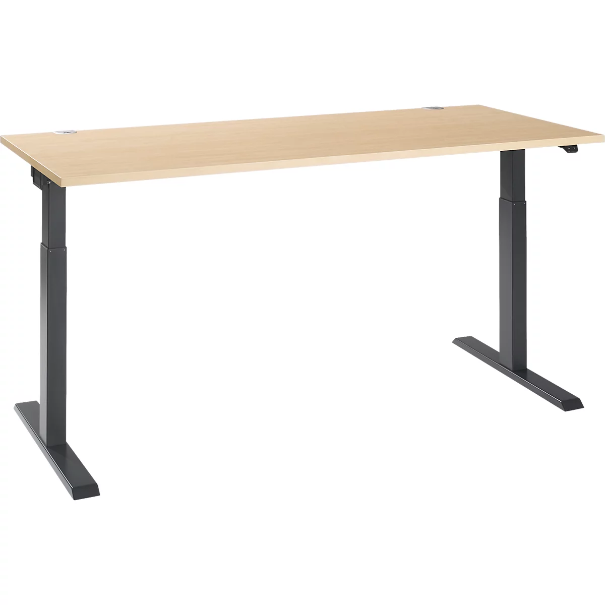 A height-adjustable desk with a light brown tabletop and black legs.