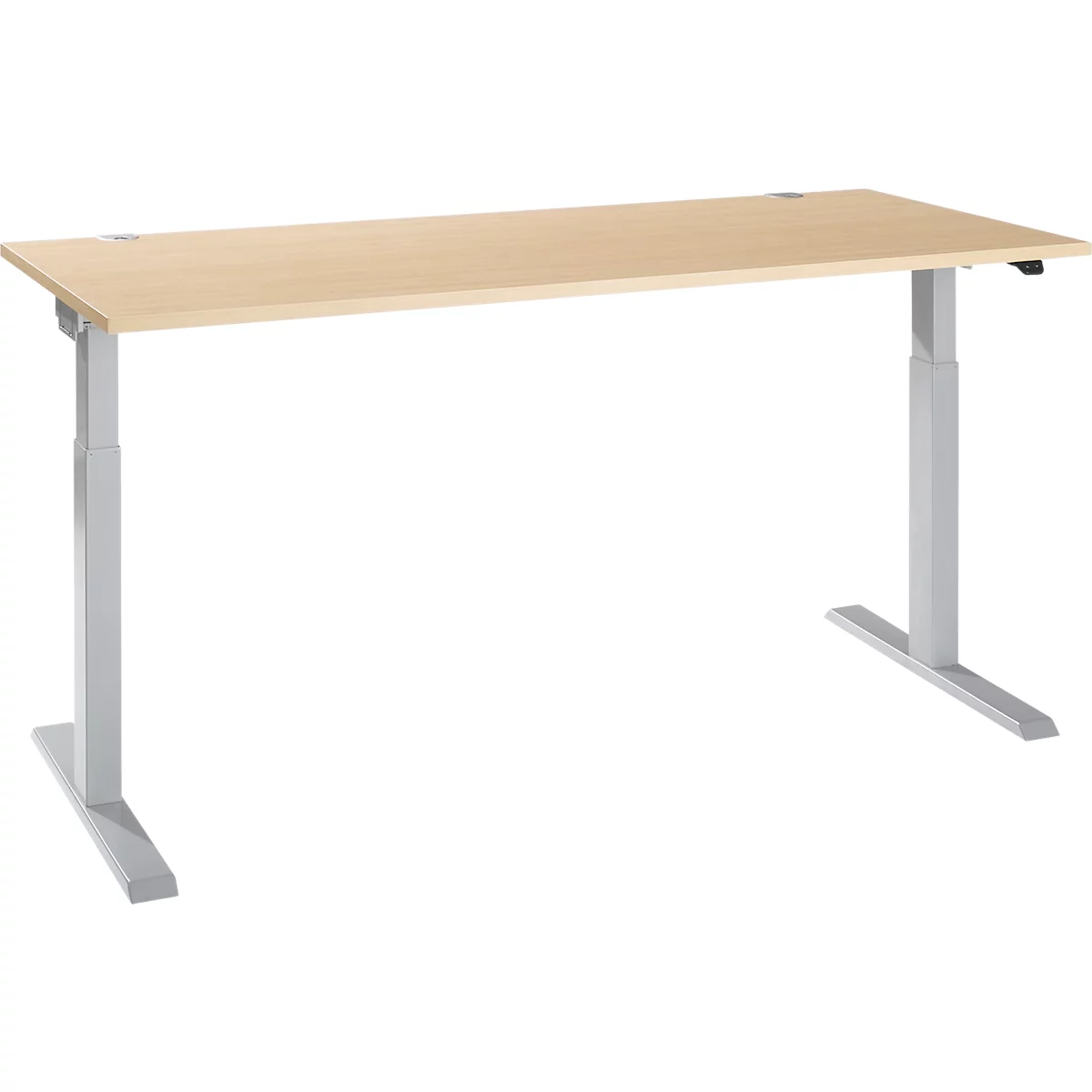 Light brown, height-adjustable desk against a white background. It has silver legs and a rectangular tabletop.