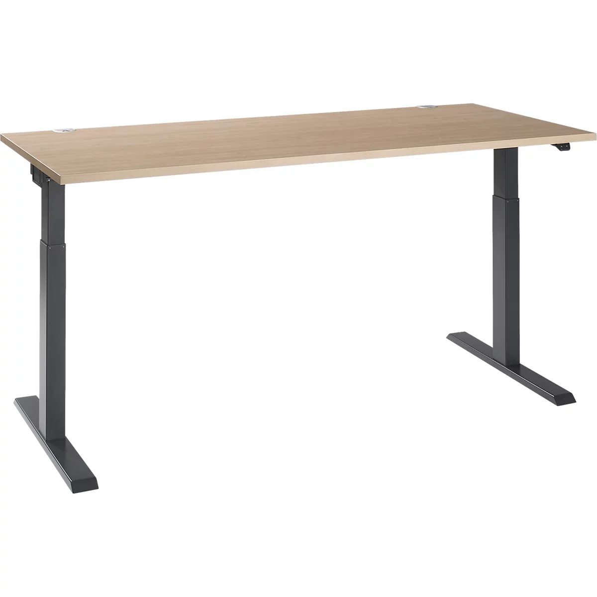 A height-adjustable desk with a light brown tabletop and dark gray legs against a white background.