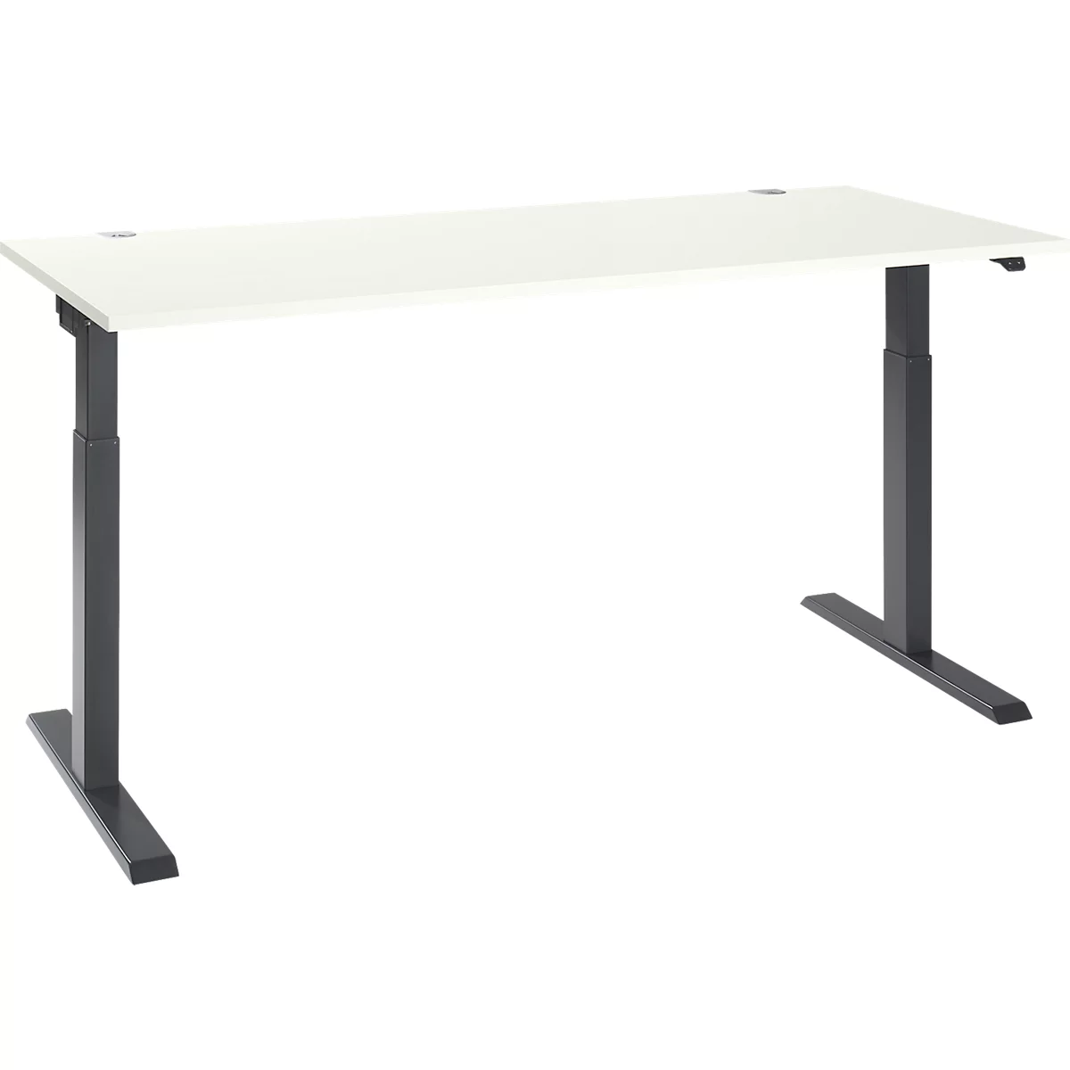 A white height-adjustable desk with dark metal legs.
