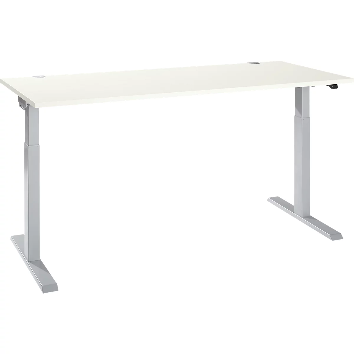 White height-adjustable desk with silver legs, isolated on a white background.