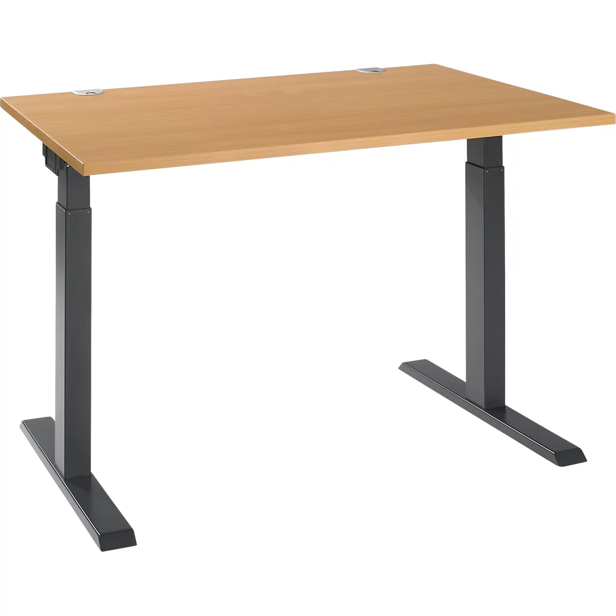 Height-adjustable desk with light brown tabletop and gray legs on a white background.
