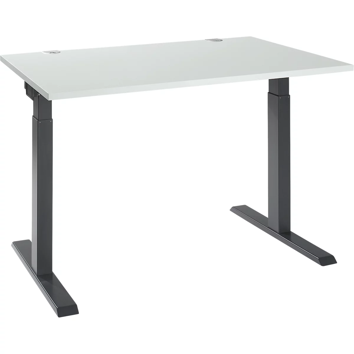 Desk with a white tabletop and gray frame, height adjustable.