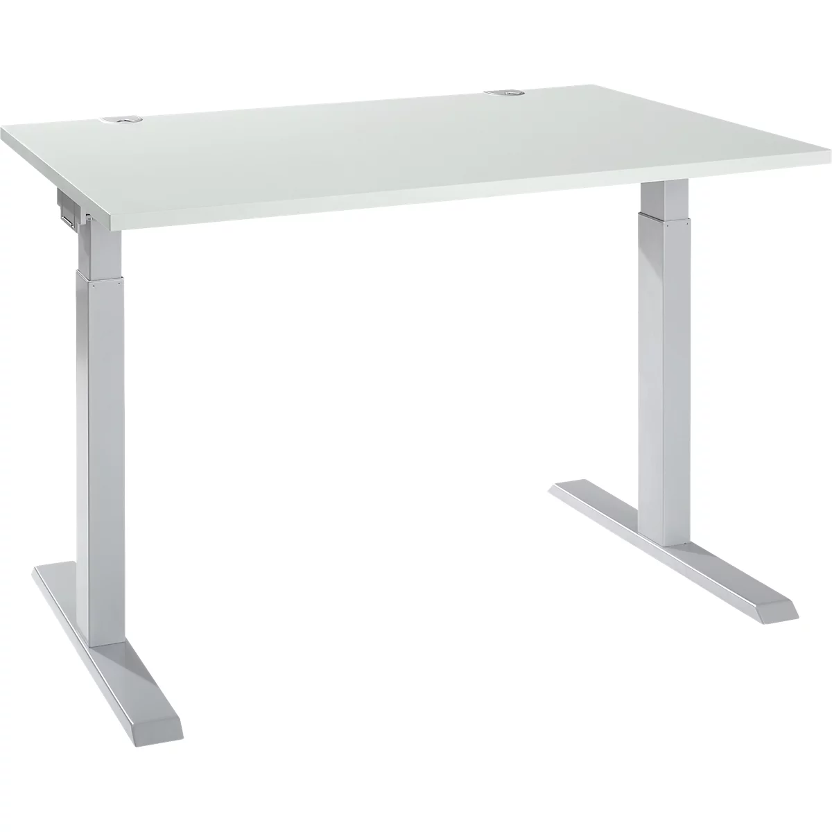 Desk with white tabletop and silver frame. Height adjustable.
