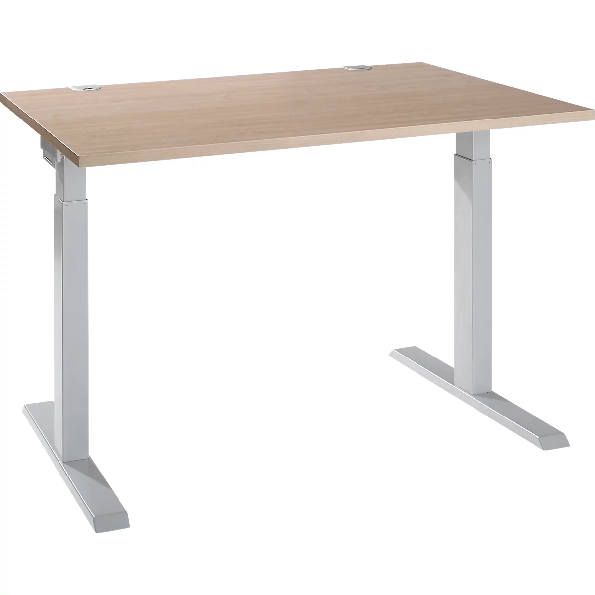 A height-adjustable desk with a light brown tabletop and silver legs.