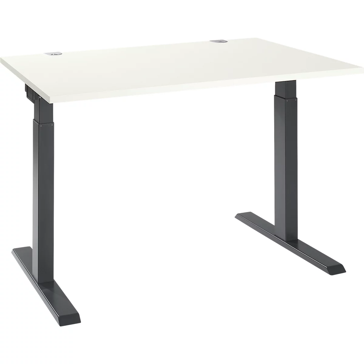Height-adjustable desk with white tabletop and gray legs. The product is photographed against a white background.