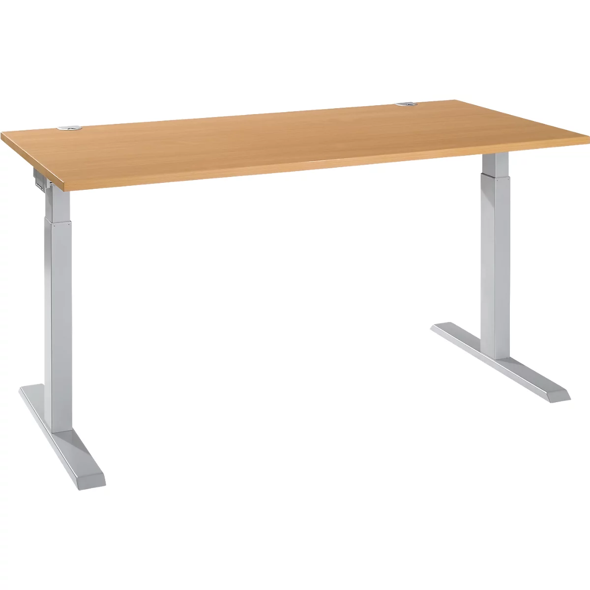 A light brown rectangular desk with silver adjustable legs. Set against a white background.