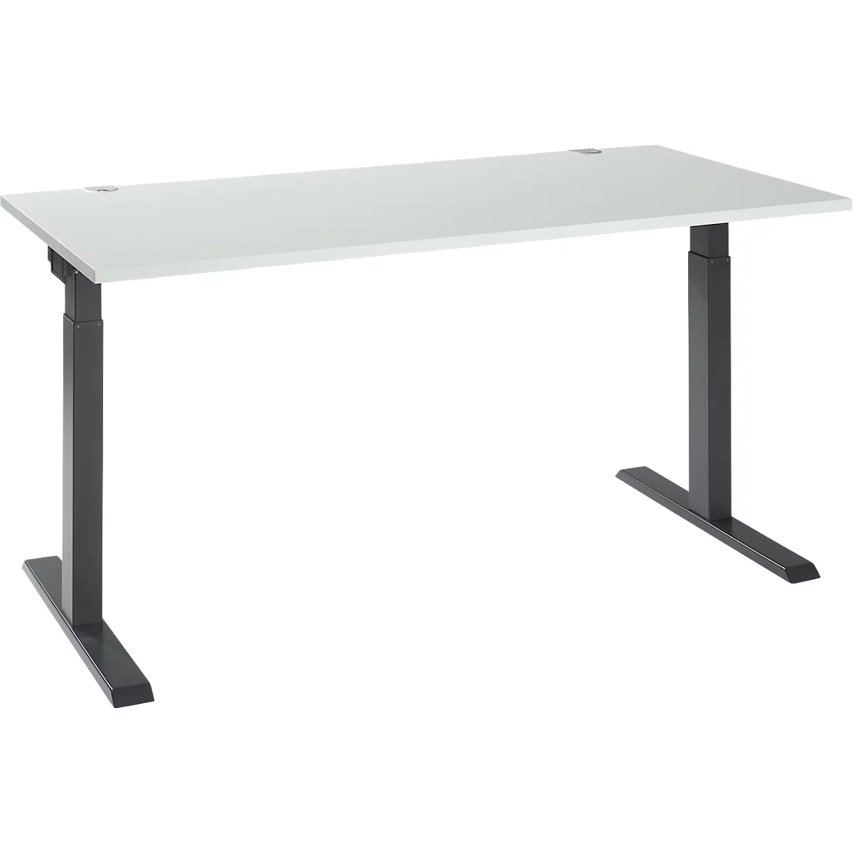 Height-adjustable desk on white background. White tabletop, grey legs.