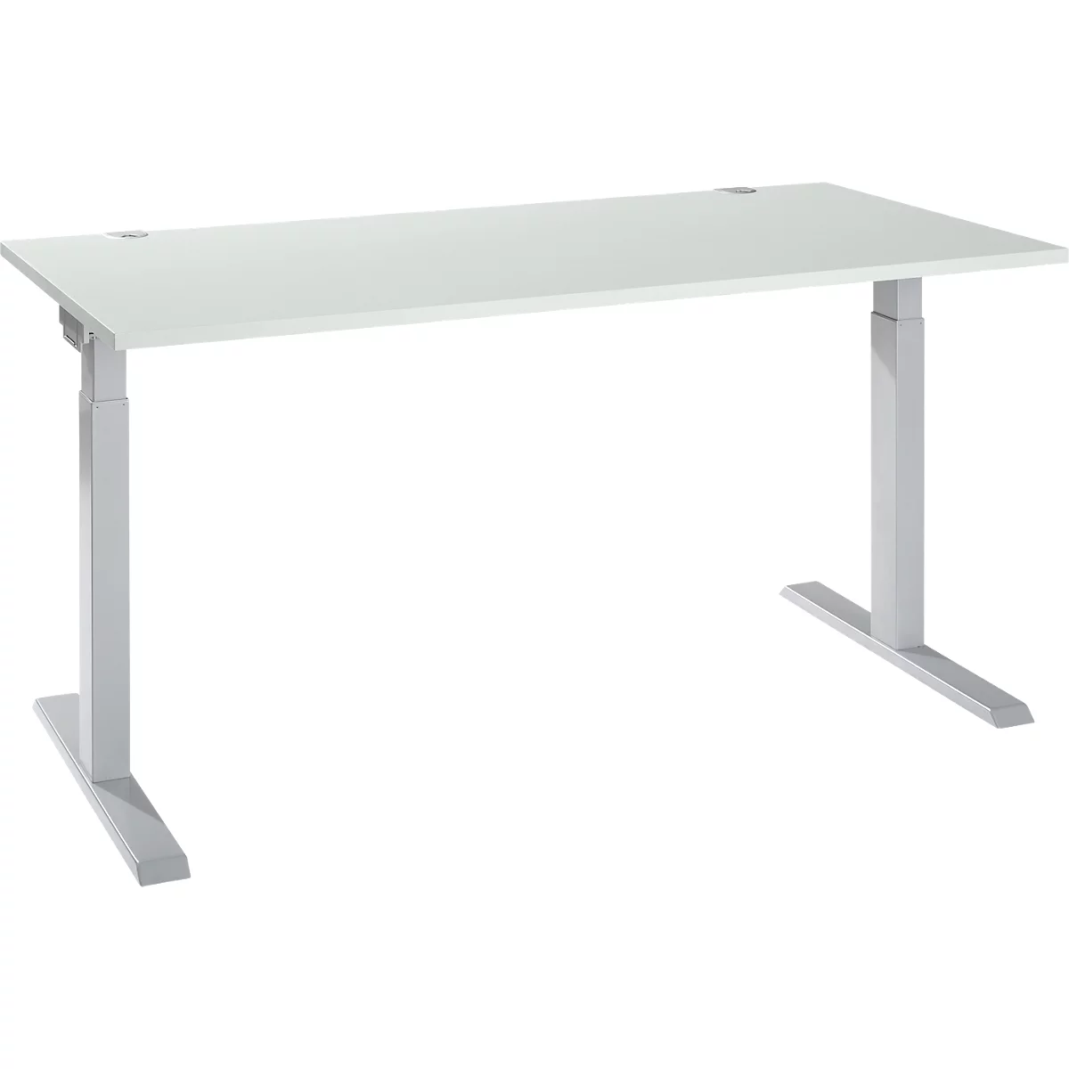 A white, rectangular desk with height-adjustable grey legs. The background is white.