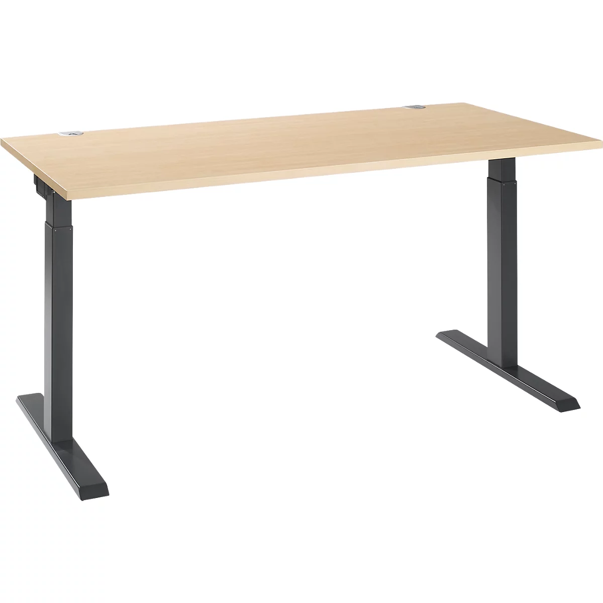 A height-adjustable desk with a light brown tabletop and black legs, against a white background.