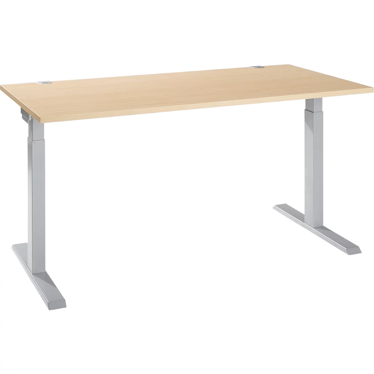 A light-colored height-adjustable desk, wooden top, silver legs, against a white background.