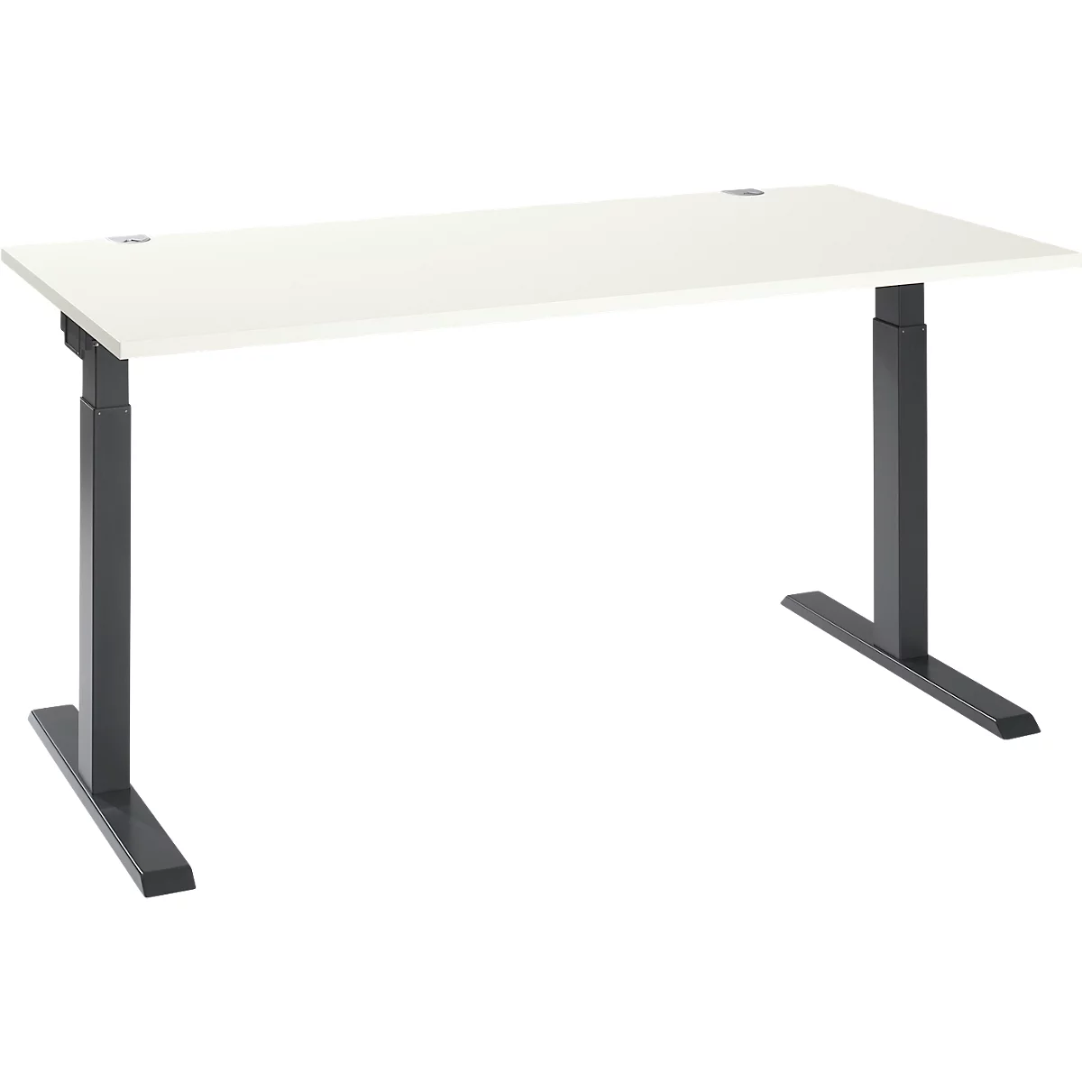 A white height-adjustable desk with a black frame, in focus.