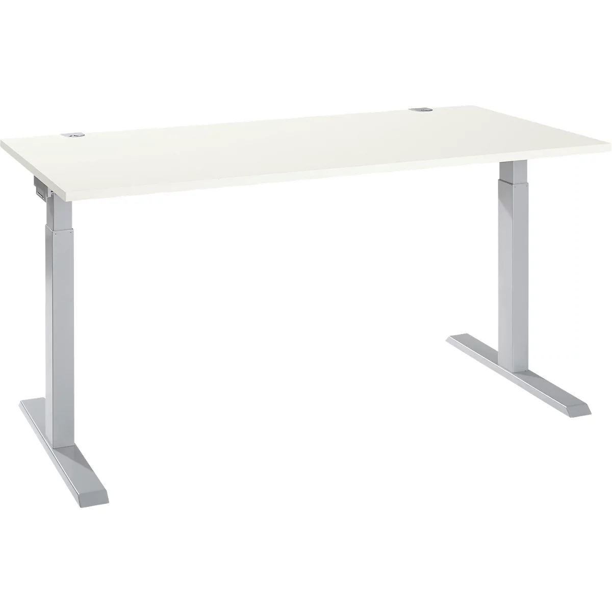 White height-adjustable desk with silver legs. There are two holes on the tabletop.