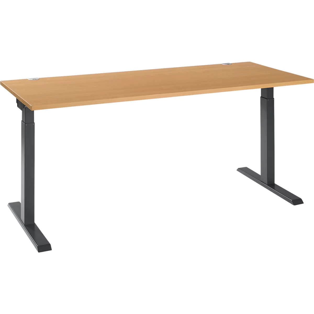 A height-adjustable desk with a light wooden top and gray legs.