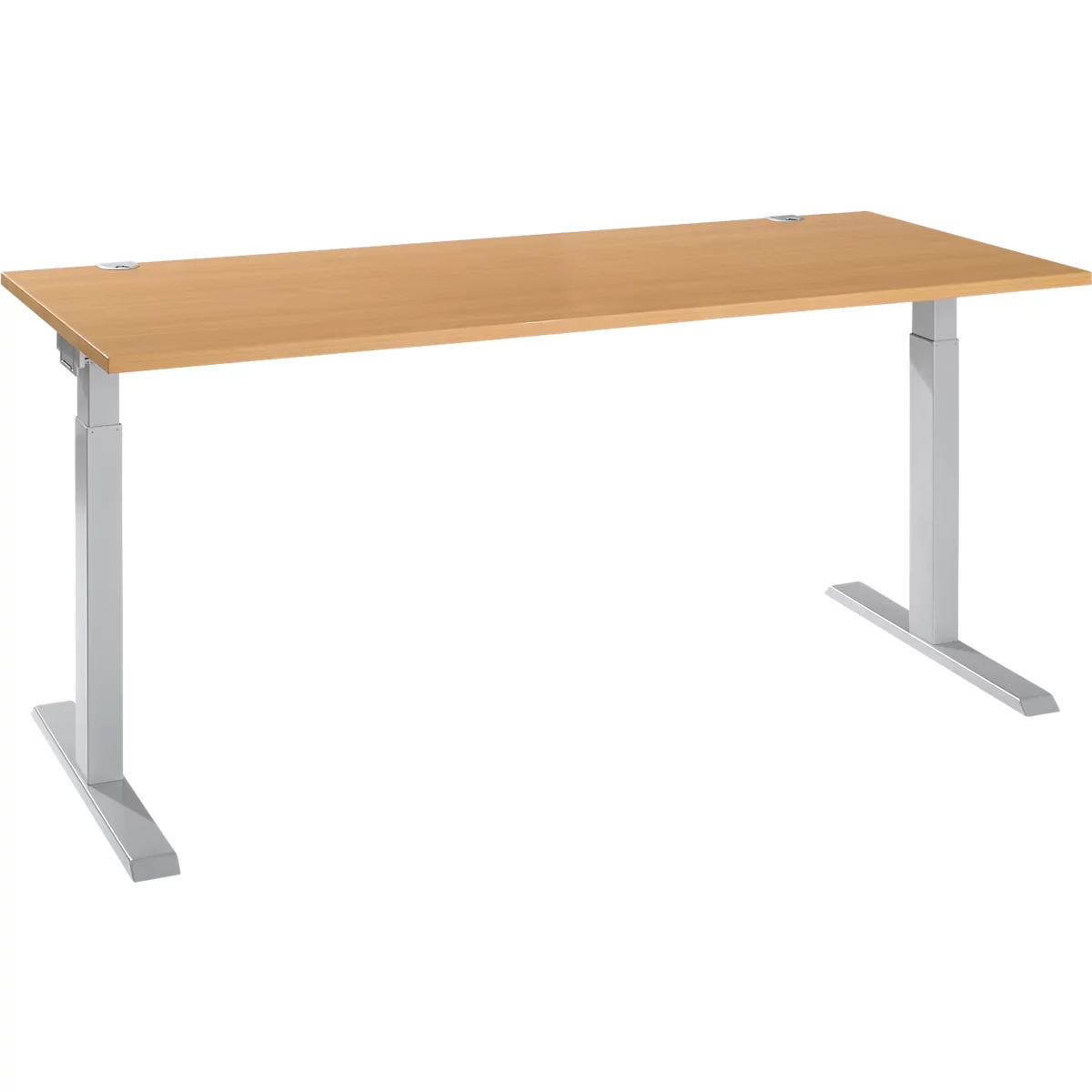 A light brown, rectangular desk with silver, height-adjustable legs on a white background.