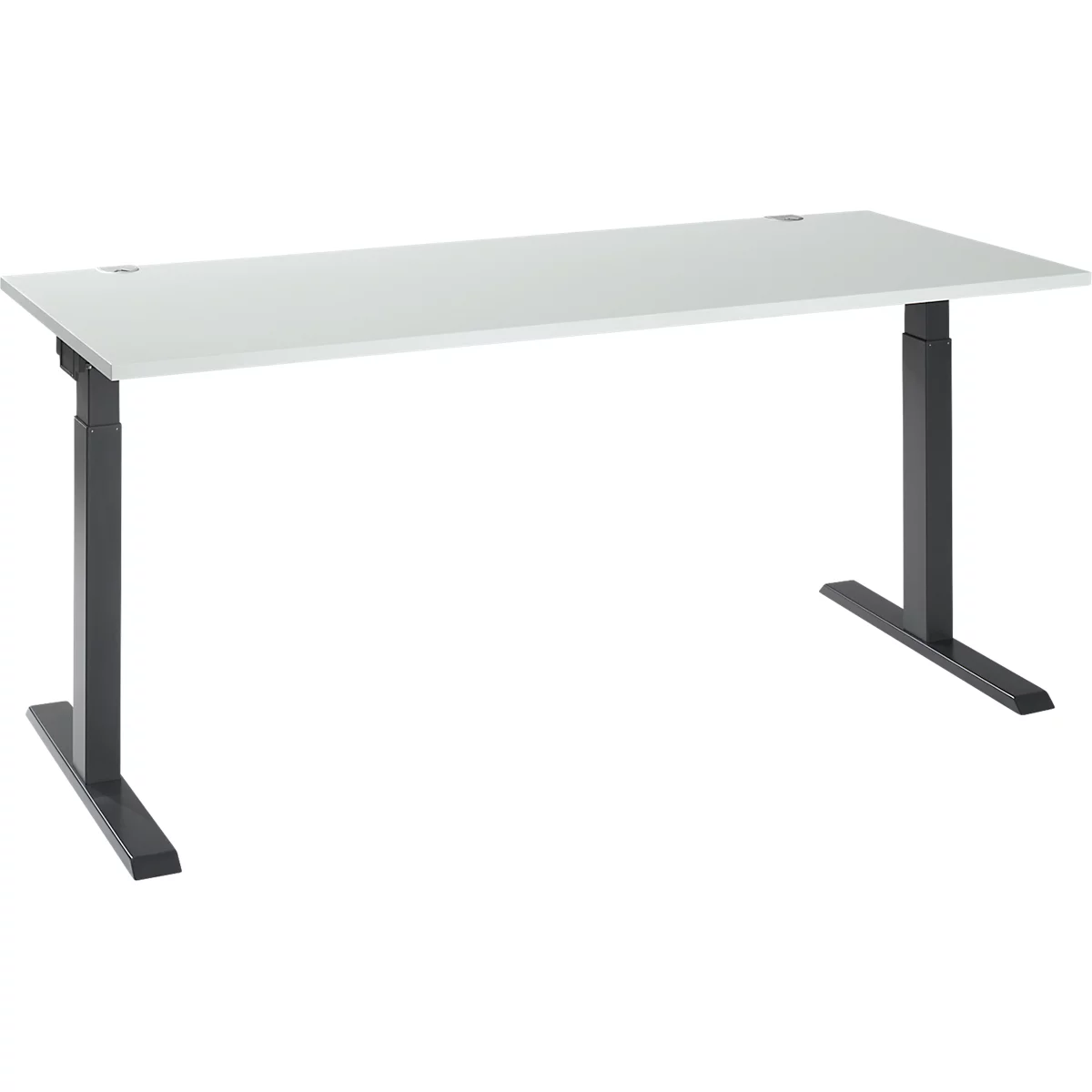 White, height-adjustable desk with black frame. The tabletop is rectangular. Two small holes in the top.