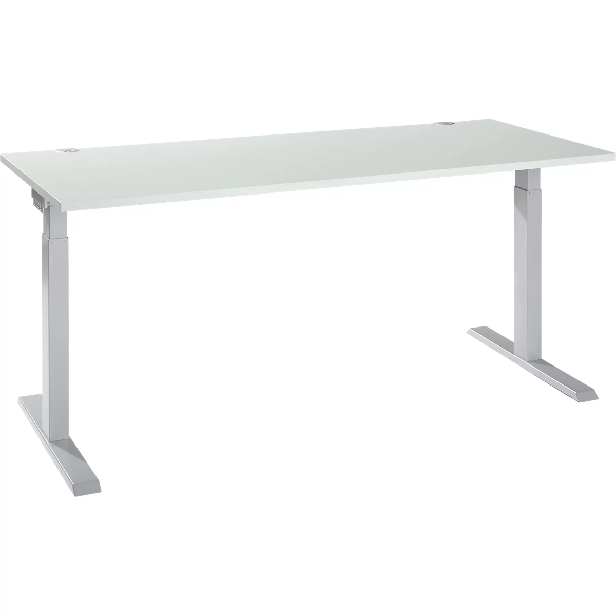 A white, height-adjustable desk against a light background. Silver legs, rectangular tabletop with holes.