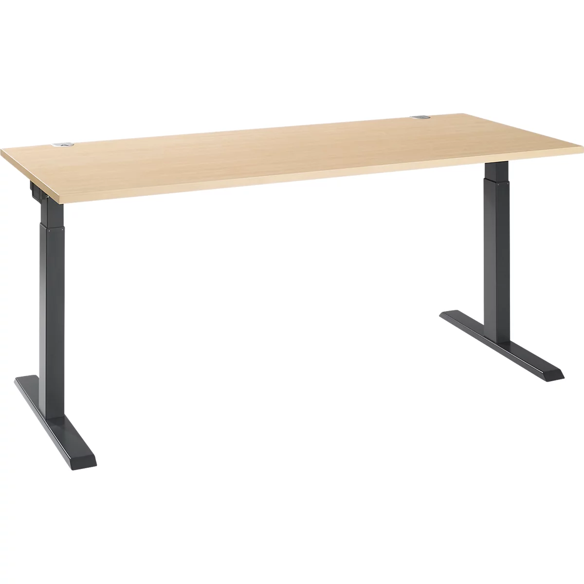 An adjustable-height desk with a light wood top and gray legs. The tabletop is rectangular.