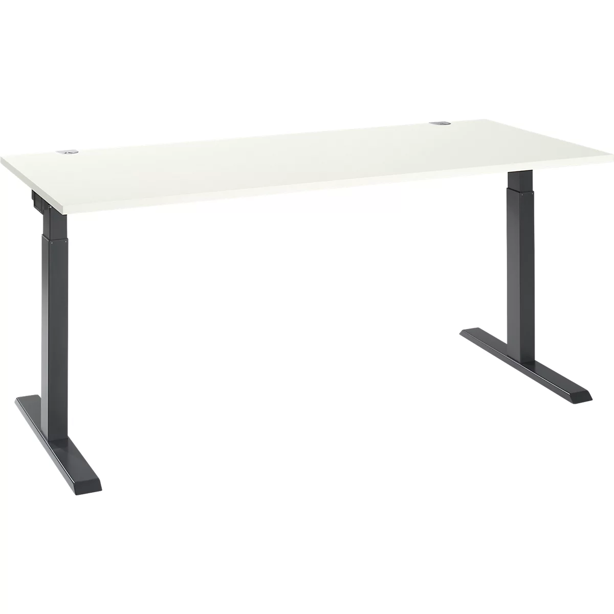 A white desk with a black frame. The tabletop is rectangular, the legs adjustable.