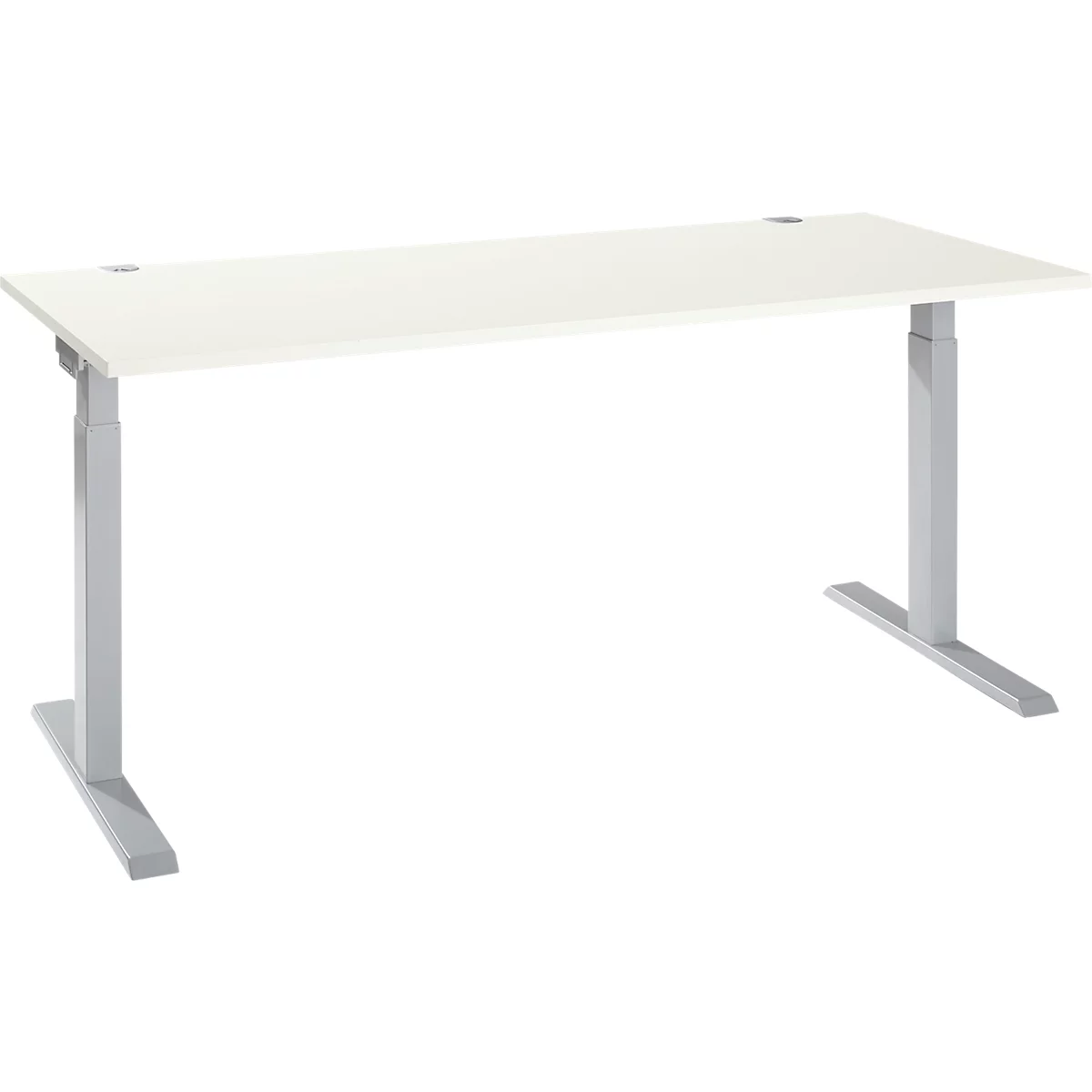 A white height-adjustable desk against a neutral background. The table legs are silver.