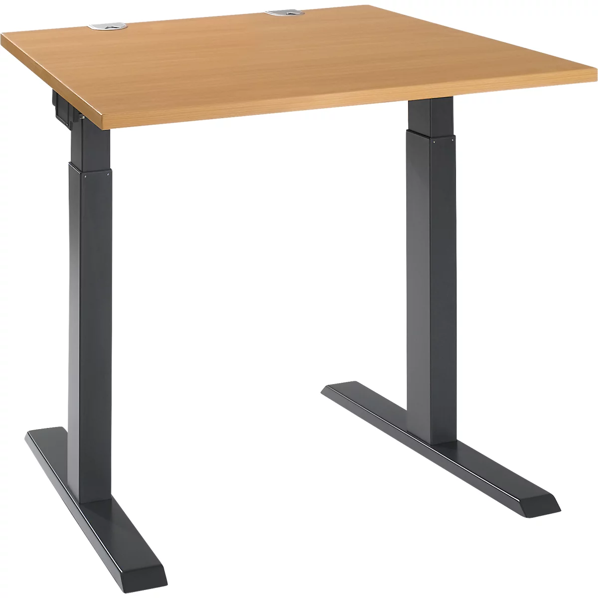 Height-adjustable desk with wooden top and anthracite-colored frame. The tabletop is rectangular.