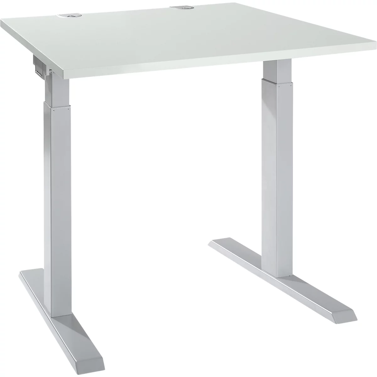 White, square desk, height-adjustable, with two feet. The tabletop has two openings.