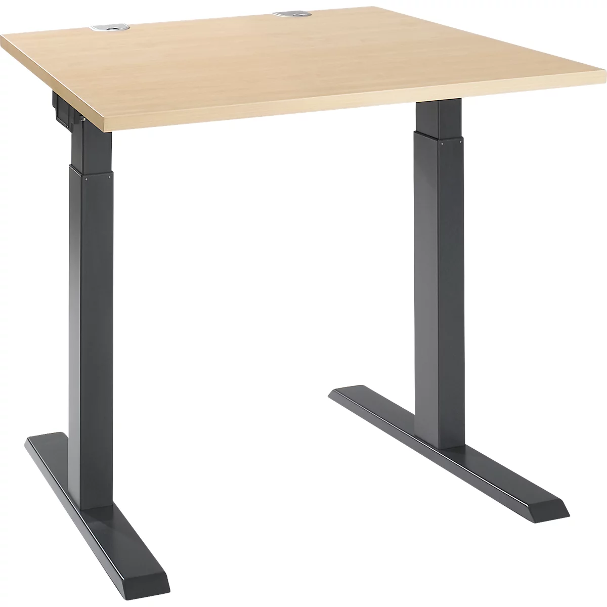Height-adjustable desk with light brown tabletop and gray legs on a white background.