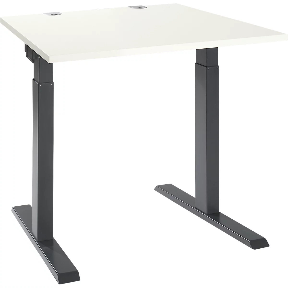 A height-adjustable desk with a white tabletop and gray legs. The design is minimalist.
