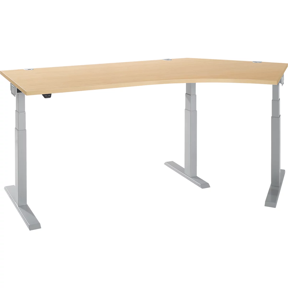 Een in hoogte verstelbaar, lichtgekleurd hoekbureau met zilvergrijze poten. Het tafelblad is licht gebogen.