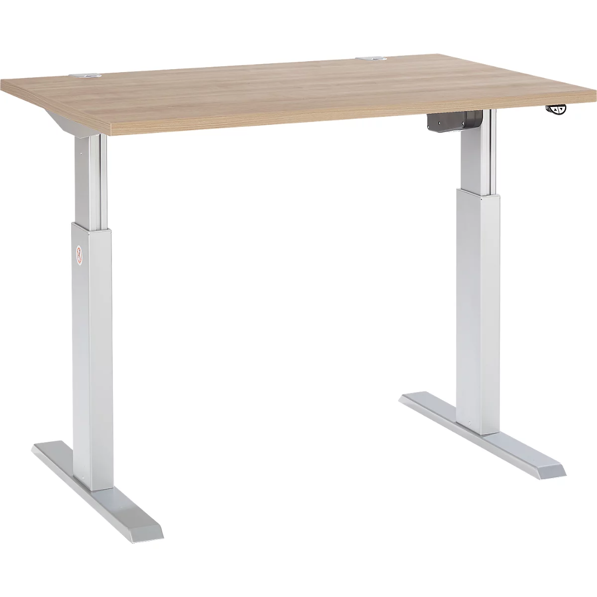 Schäfer Shop Select ERGO-T bureau, elektrisch in hoogte verstelbaar, rechthoekig, T-voet, B 1200 x D 800 x H 725-1185 mm, eiken/blank aluminium