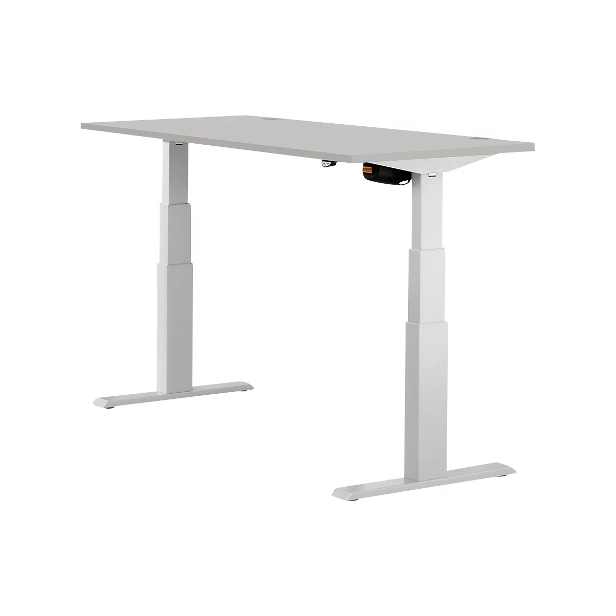 A white height-adjustable desk with a rectangular table top and two legs.
