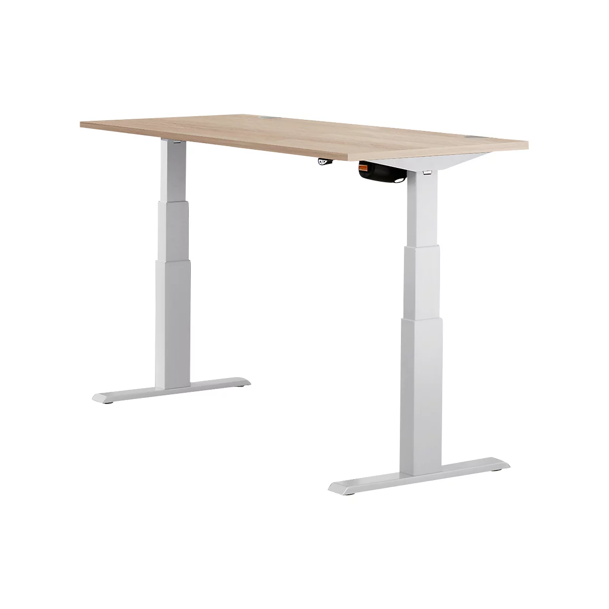 Light-colored, height-adjustable desk against a light background. Wooden tabletop, white legs and frame.