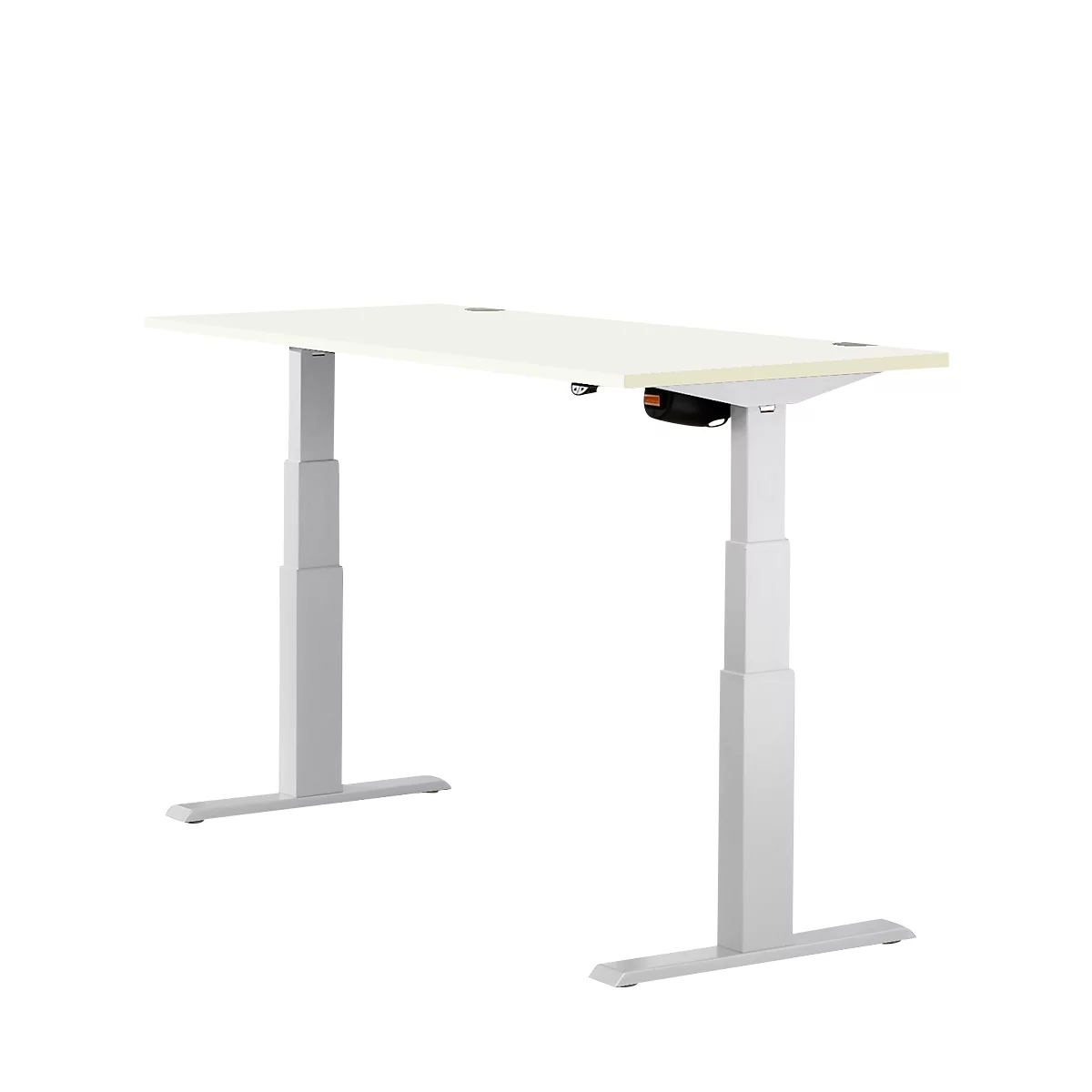 Height-adjustable desk with a light yellow tabletop and grey frame, against a white background.